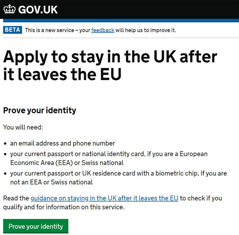 Tela para aplicação do visto cônjuge de europeu no Reino Unido Pre Settled