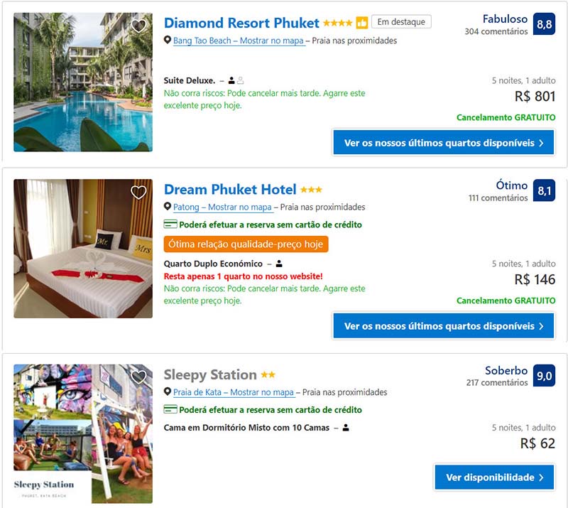 Preços de hospedagem em Phuket na Tailandia