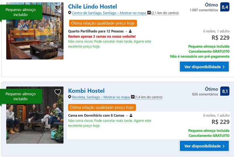 Preços de hostels em Santiago pacote turistico