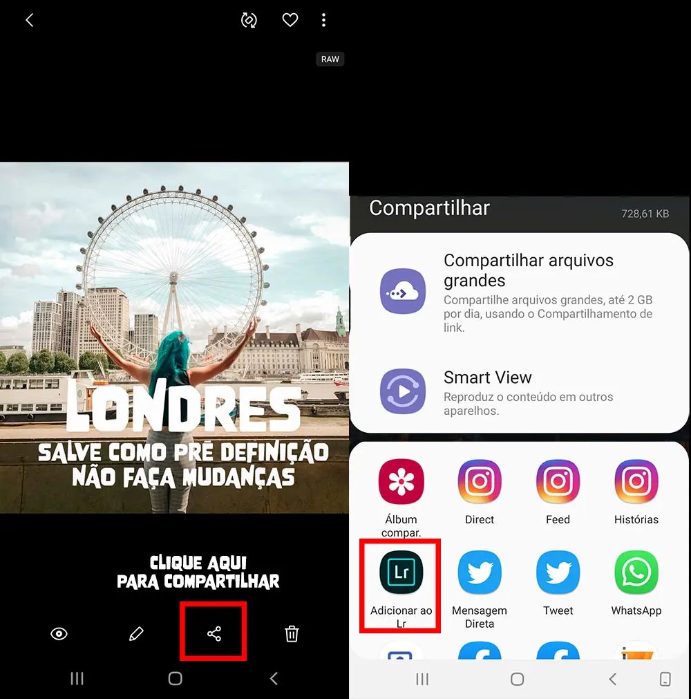 compartilhar para app adobe lightroom celular