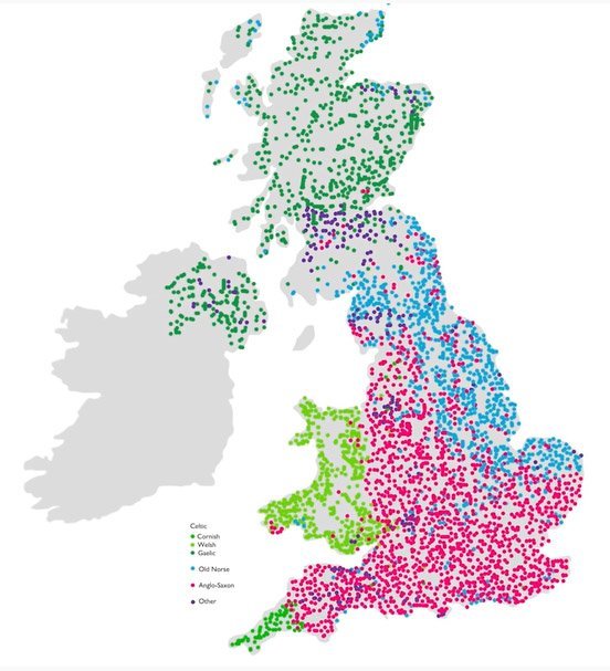 Mapa com Origem dos nomes das cidades britânicas
