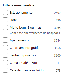 Lista de filtros do Booking.com para refinar a busca por hostel, hotel ou apartamento