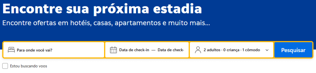 Tela de busca do Booking.com com campos de destino e datas para encontrar hostel, hotel ou apartamento