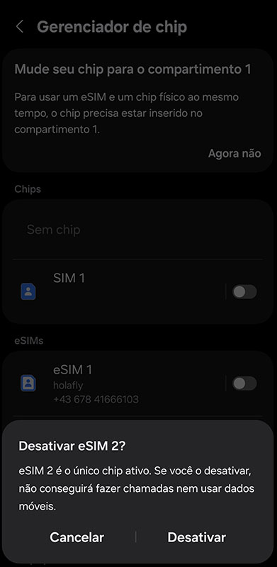 esim da holaflly nao funciona desativar chip